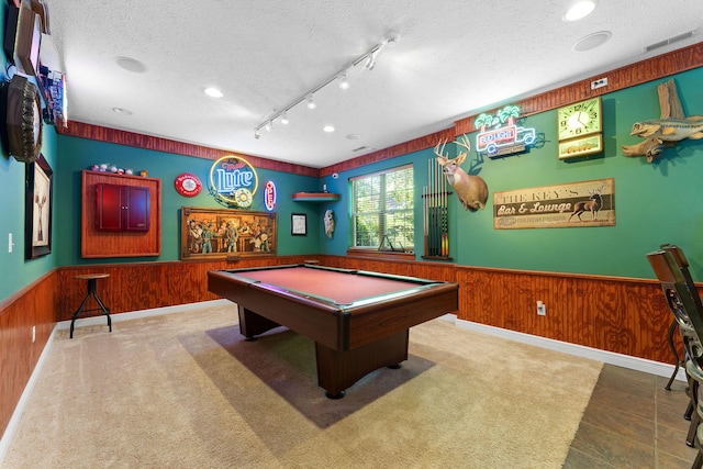 261 Country Bluff Dr, Branson, MO 65616 - playroom featuring wooden walls, wainscoting, a textured ceiling, and pool table