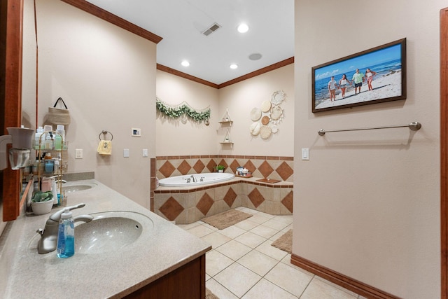 261 Country Bluff Dr, Branson, MO 65616 - bathroom featuring crown molding, tile patterned flooring, a garden tub, double vanity, and recessed lighting
