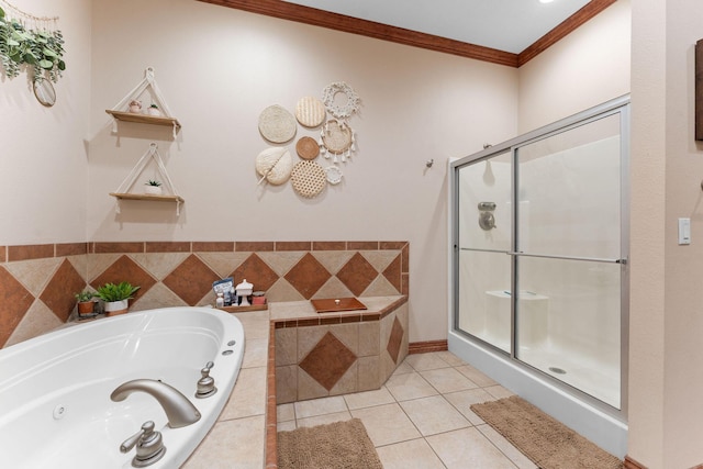 261 Country Bluff Dr, Branson, MO 65616 - full bath with ornamental molding, a jetted tub, a stall shower, and tile patterned floors
