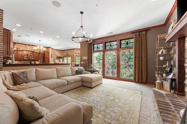 261 Country Bluff Dr, Branson, MO 65616 - living room with a chandelier, crown molding, carpet flooring, recessed lighting, and baseboards