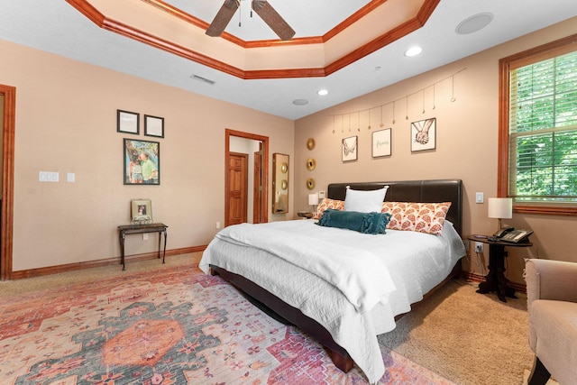261 Country Bluff Dr, Branson, MO 65616 - carpeted bedroom featuring a raised ceiling, recessed lighting, crown molding, and a ceiling fan