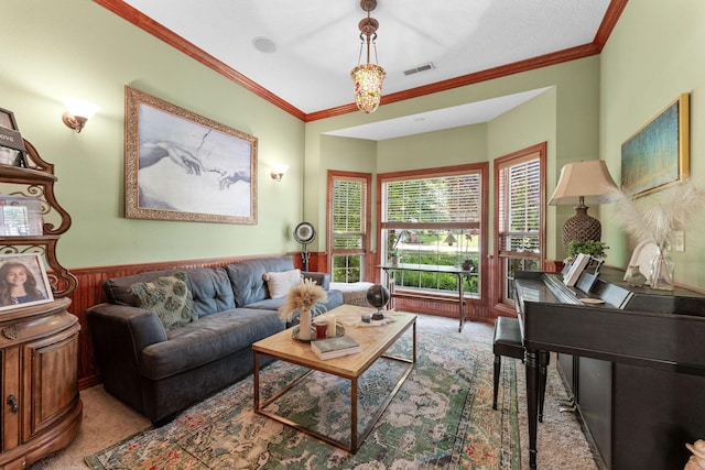 261 Country Bluff Dr, Branson, MO 65616 - carpeted living area featuring crown molding and a wainscoted wall