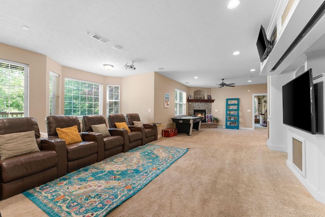 261 Country Bluff Dr, Branson, MO 65616 - living room featuring a fireplace, light carpet, recessed lighting, a ceiling fan, and baseboards