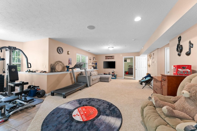 261 Country Bluff Dr, Branson, MO 65616 - living room featuring a textured ceiling, baseboards, carpet, and recessed lighting