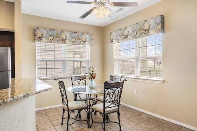 2800 Green Mountain Dr Unit 231, Branson, MO 65616 - dining space featuring ceiling fan, light tile patterned floors, and baseboards