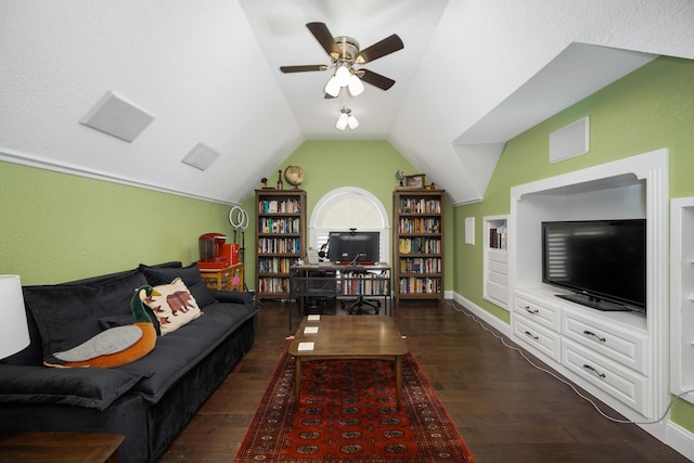 2820 Waters Edge Blvd, Joplin, MO 64801 - living room featuring dark wood-style flooring, ceiling fan, lofted ceiling, and baseboards