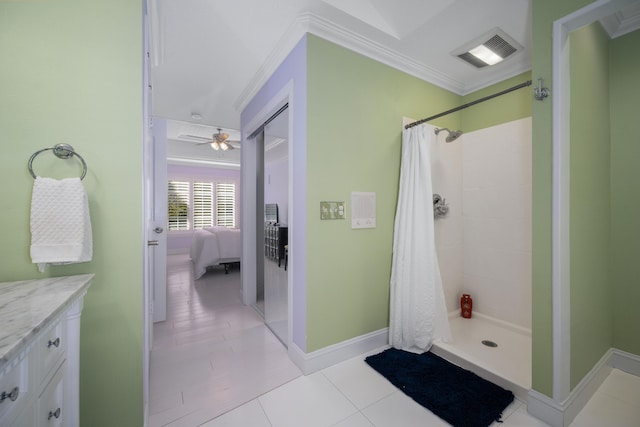 2820 Waters Edge Blvd, Joplin, MO 64801 - ensuite bathroom with ornamental molding, a tile shower, baseboards, tile patterned floors, and ceiling fan