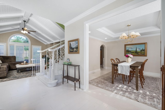 2820 Waters Edge Blvd, Joplin, MO 64801 - dining room with arched walkways, stairs, baseboards, a chandelier, and vaulted ceiling