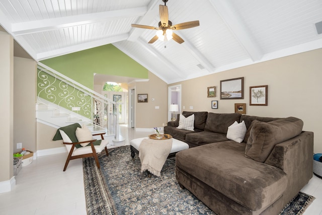 2820 Waters Edge Blvd, Joplin, MO 64801 - living room featuring ceiling fan, stairs, baseboards, beam ceiling, and high vaulted ceiling