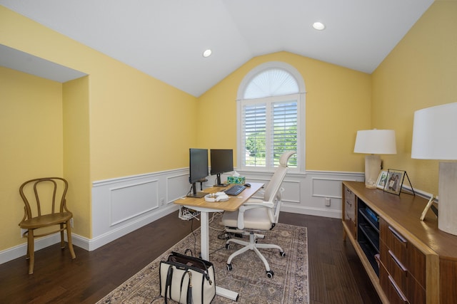 2820 Waters Edge Blvd, Joplin, MO 64801 - office space featuring dark wood-style floors, wainscoting, vaulted ceiling, recessed lighting, and a decorative wall