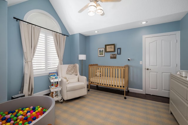 2820 Waters Edge Blvd, Joplin, MO 64801 - bedroom with vaulted ceiling, baseboards, recessed lighting, ceiling fan, and a crib