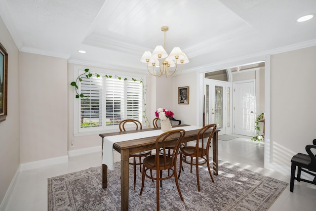 2820 Waters Edge Blvd, Joplin, MO 64801 - dining space with a chandelier, ornamental molding, recessed lighting, a tray ceiling, and baseboards