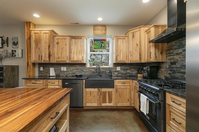 217 Victory Ln, Niangua, MO 65713 - kitchen featuring high end black range oven, wall chimney exhaust hood, dishwasher, a sink, and backsplash