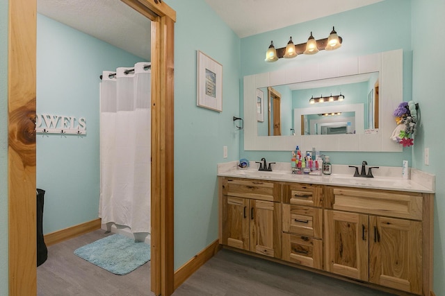 217 Victory Ln, Niangua, MO 65713 - bathroom featuring wood finished floors, double vanity, baseboards, and a shower with curtain