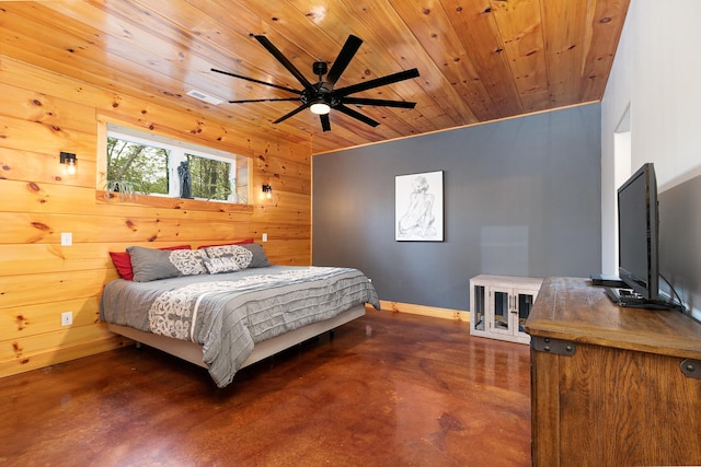 217 Victory Ln, Niangua, MO 65713 - bedroom featuring finished concrete floors, wooden walls, wooden ceiling, and baseboards
