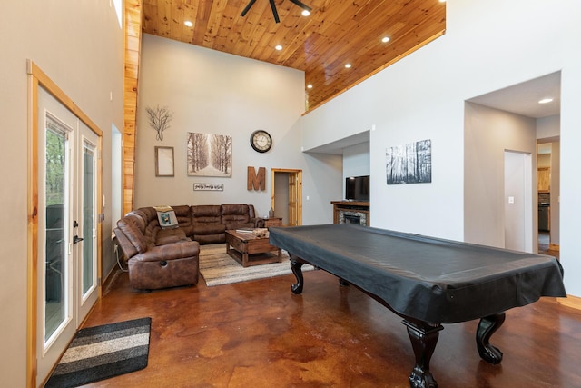 217 Victory Ln, Niangua, MO 65713 - game room featuring finished concrete floors, wood ceiling, recessed lighting, a towering ceiling, and billiards