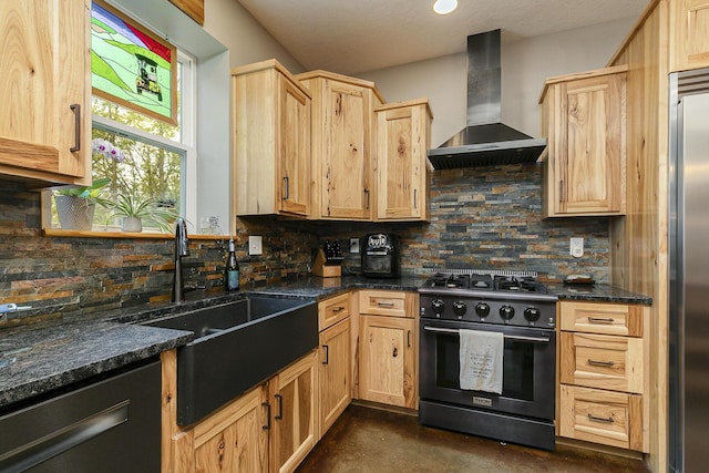 217 Victory Ln, Niangua, MO 65713 - kitchen with range with gas stovetop, wall chimney range hood, a sink, dishwashing machine, and light brown cabinets