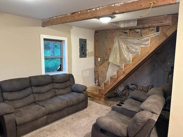 1832 County Road 2030, Mountain View, MO 65548 - living room with electric panel, stairs, beamed ceiling, and carpet flooring