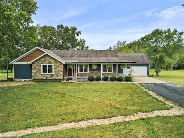 8495 Hwy N, Mountain Grove, MO 65711 - ranch-style house with a porch, asphalt driveway, stone siding, a front lawn, and a garage