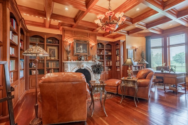 2172 E Farm Road 48, Springfield, MO 65803 - living area with a chandelier, hardwood / wood-style floors, beam ceiling, coffered ceiling, and an office area