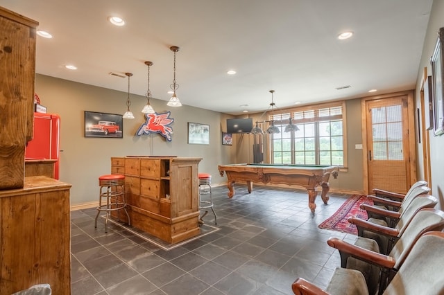 2172 E Farm Road 48, Springfield, MO 65803 - game room featuring baseboards, billiards table, recessed lighting, a dry bar, and dark tile patterned floors