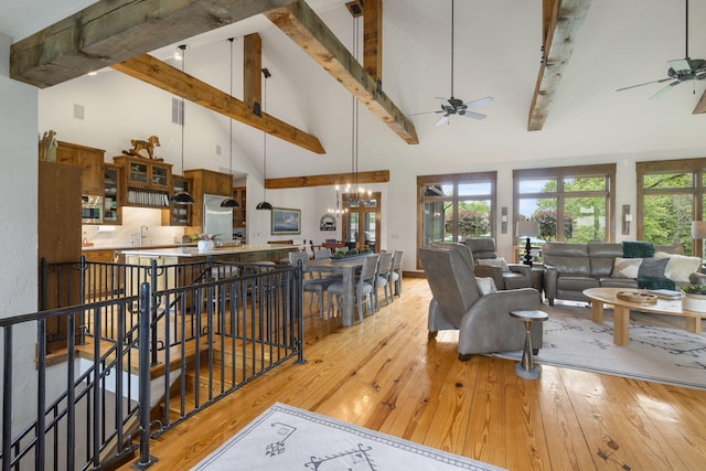 1007 Headwaters Dr, Marshfield, MO 65706 - living area with a ceiling fan, high vaulted ceiling, light wood finished floors, beamed ceiling, and healthy amount of natural light