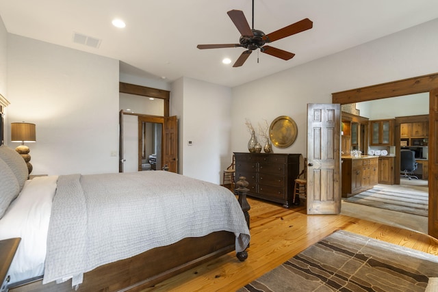 1007 Headwaters Dr, Marshfield, MO 65706 - bedroom featuring light wood finished floors, recessed lighting, lofted ceiling, and ceiling fan