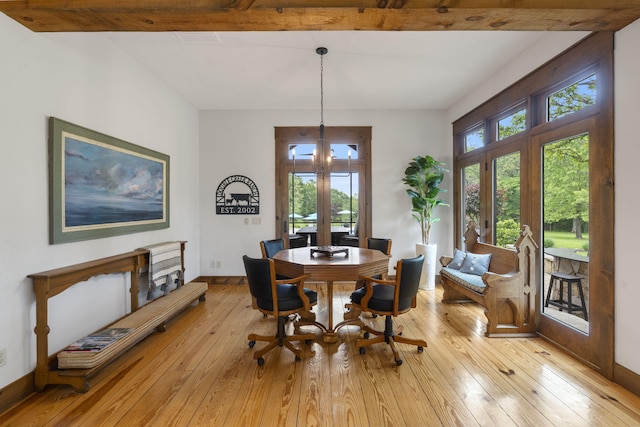 1007 Headwaters Dr, Marshfield, MO 65706 - dining room with light wood-style floors, french doors, baseboards, and beamed ceiling