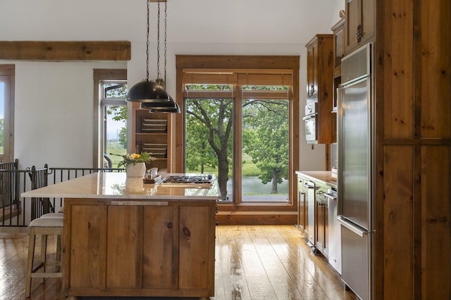 1007 Headwaters Dr, Marshfield, MO 65706 - kitchen with light wood-type flooring, light countertops, appliances with stainless steel finishes, and decorative light fixtures