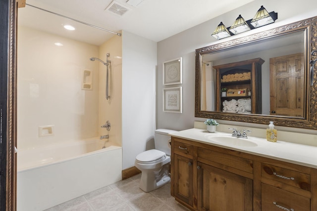 1007 Headwaters Dr, Marshfield, MO 65706 - bathroom with bathtub / shower combination, toilet, vanity, tile patterned floors, and recessed lighting