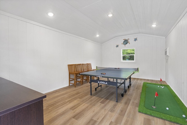 1007 Headwaters Dr, Marshfield, MO 65706 - rec room featuring lofted ceiling, light wood-style flooring, recessed lighting, and a putting area