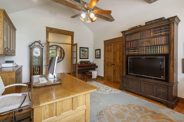 1007 Headwaters Dr, Marshfield, MO 65706 - office featuring a ceiling fan, wood finished floors, high vaulted ceiling, beamed ceiling, and baseboards