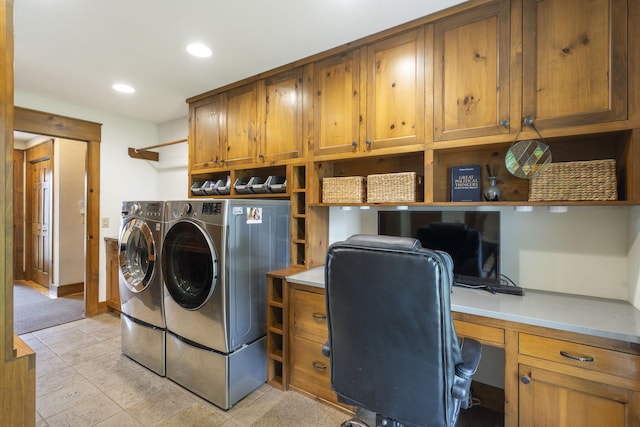 1007 Headwaters Dr, Marshfield, MO 65706 - laundry area featuring cabinet space, washing machine and dryer, recessed lighting, and a desk