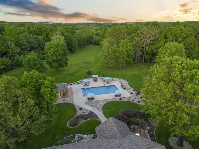 1007 Headwaters Dr, Marshfield, MO 65706 - drone / aerial view of a pool area and a heavily wooded area