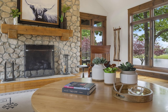1007 Headwaters Dr, Marshfield, MO 65706 - living room with vaulted ceiling, wood finished floors, and a stone fireplace