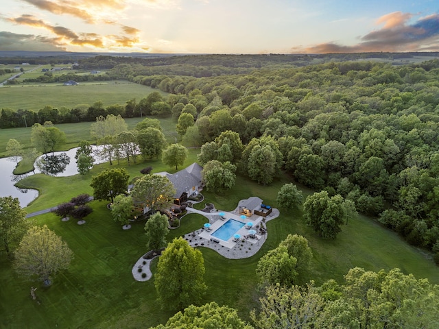 1007 Headwaters Dr, Marshfield, MO 65706 - aerial view at dusk of view of pool, a water view, and a forest view
