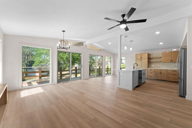25609 Hillcrest Dr, Shell Knob, MO 65747 - kitchen with freestanding refrigerator, open floor plan, healthy amount of natural light, open shelves, and recessed lighting
