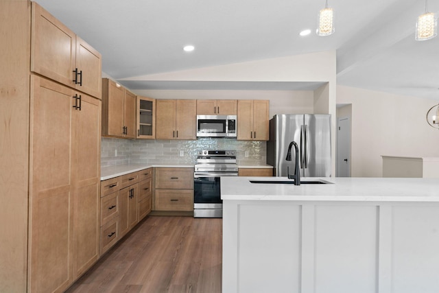 25609 Hillcrest Dr, Shell Knob, MO 65747 - kitchen with stainless steel appliances, dark wood-type flooring, a sink, backsplash, and light countertops