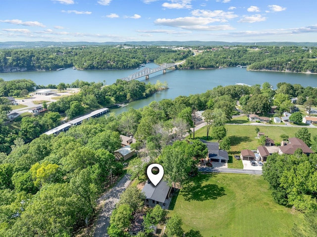 25609 Hillcrest Dr, Shell Knob, MO 65747 - bird's eye view of a large body of water, a notable bridge, and a heavily wooded area