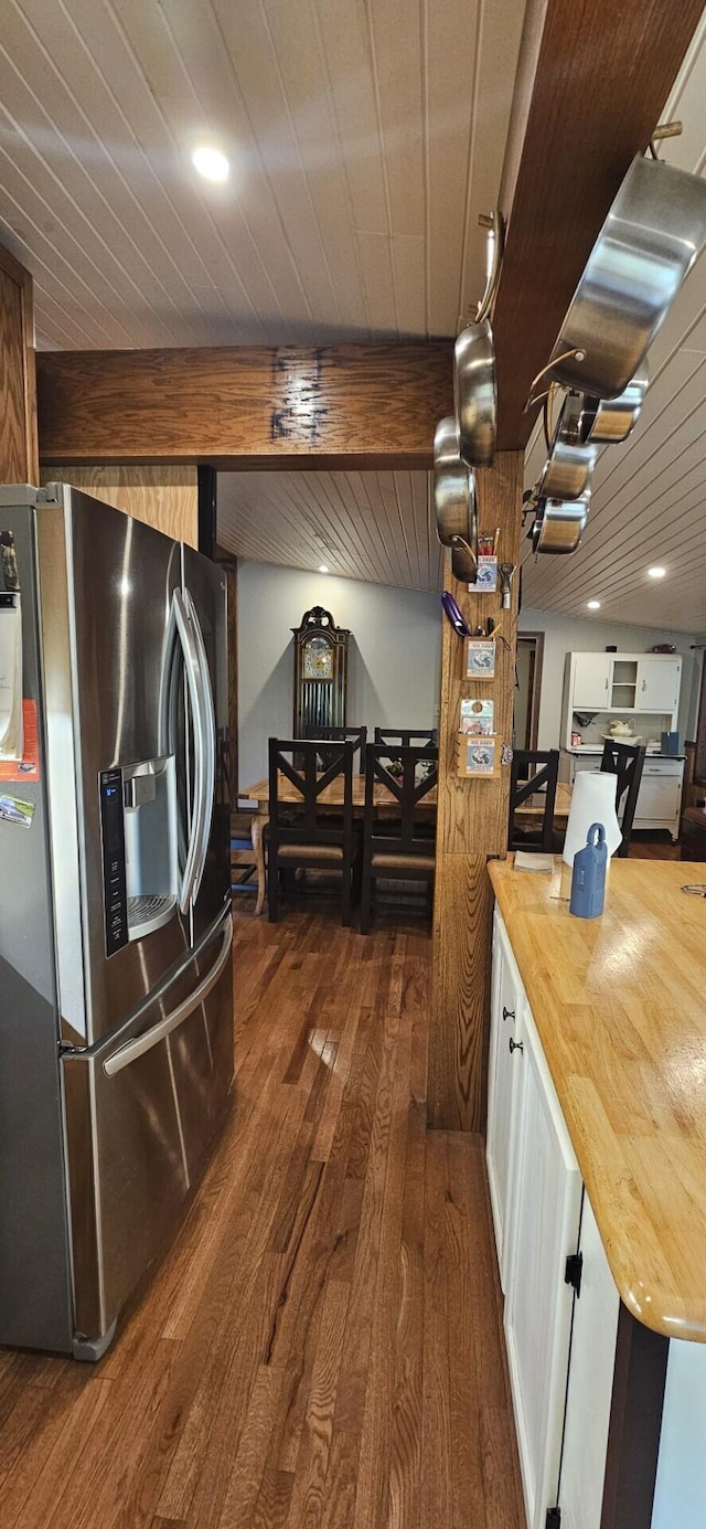 182 Cathy St, Branson, MO 65616 - kitchen featuring stainless steel refrigerator with ice dispenser, butcher block countertops, dark wood finished floors, white cabinets, and recessed lighting