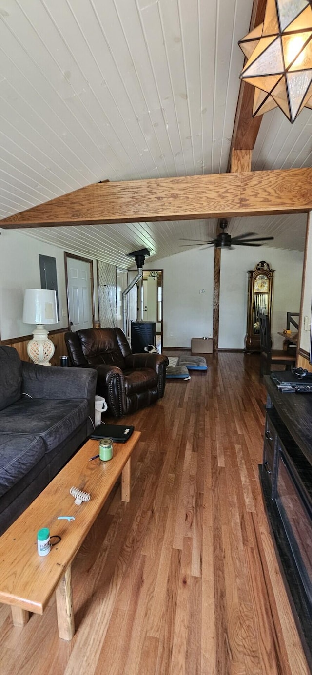 182 Cathy St, Branson, MO 65616 - living area with wood finished floors, wood ceiling with exposed beams, and a ceiling fan