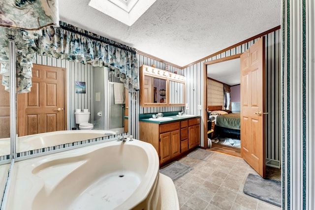 1161 State Highway 176, Rockaway Beach, MO 65740 - ensuite bathroom featuring toilet, a skylight, a bath, vanity, and a textured ceiling