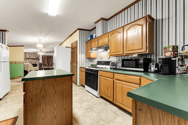 1161 State Highway 176, Rockaway Beach, MO 65740 - kitchen featuring gas stove, stainless steel microwave, freestanding refrigerator, wallpapered walls, and under cabinet range hood