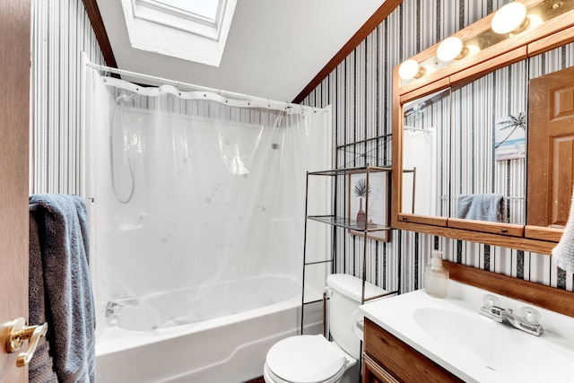 1161 State Highway 176, Rockaway Beach, MO 65740 - full bath with wallpapered walls, vanity, toilet, shower / tub combo, and a skylight