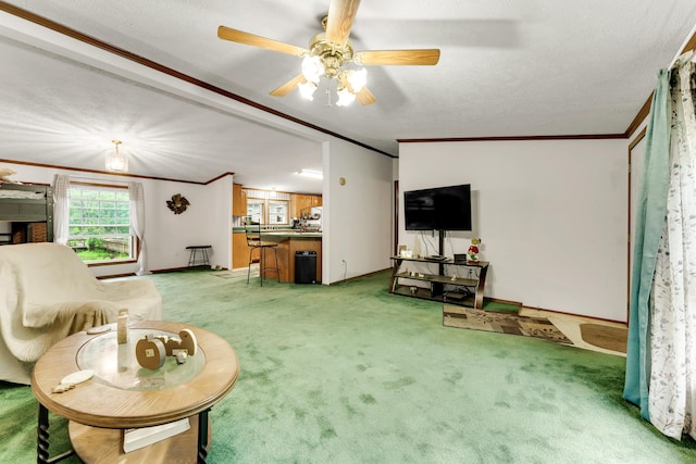 1161 State Highway 176, Rockaway Beach, MO 65740 - living room featuring crown molding, light colored carpet, a ceiling fan, and baseboards