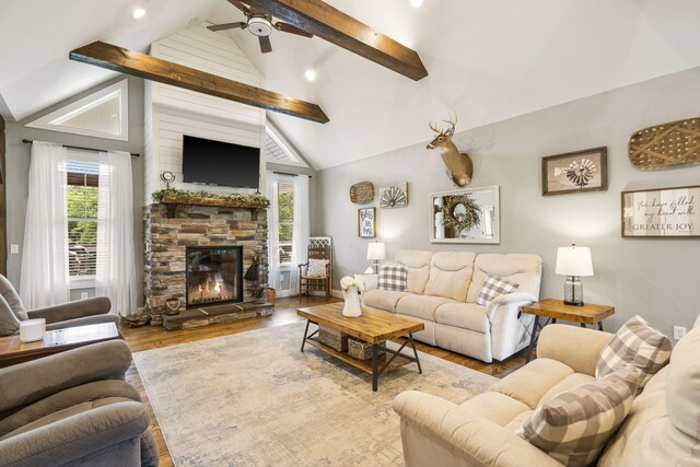 4936 S Butterfield Pl, Brookline, MO 65619 - living room with wood finished floors, a fireplace, a ceiling fan, and recessed lighting