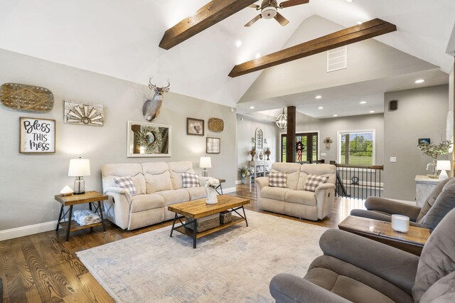 4936 S Butterfield Pl, Brookline, MO 65619 - living area featuring beamed ceiling, a ceiling fan, wood finished floors, baseboards, and recessed lighting