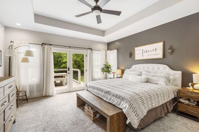 4936 S Butterfield Pl, Brookline, MO 65619 - bedroom featuring light colored carpet, french doors, access to exterior, recessed lighting, and a ceiling fan