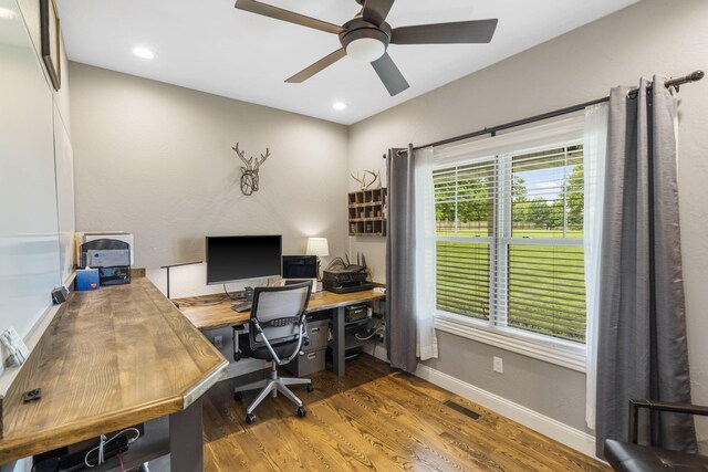 4936 S Butterfield Pl, Brookline, MO 65619 - office with a ceiling fan, wood finished floors, baseboards, and recessed lighting