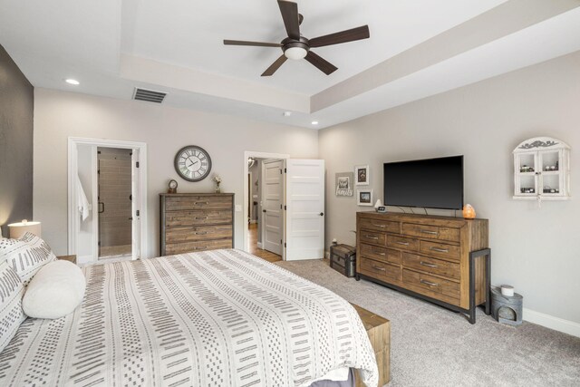 4936 S Butterfield Pl, Brookline, MO 65619 - bedroom with light carpet, a tray ceiling, recessed lighting, baseboards, and a ceiling fan